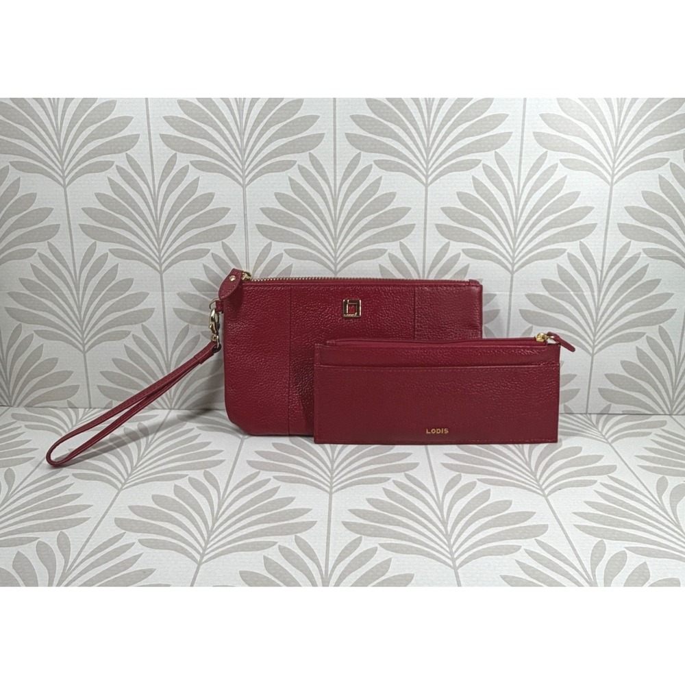 Lodis Red Pebbled Leather Wristlet and Slim Card Case Wallet Set Gold Hardware